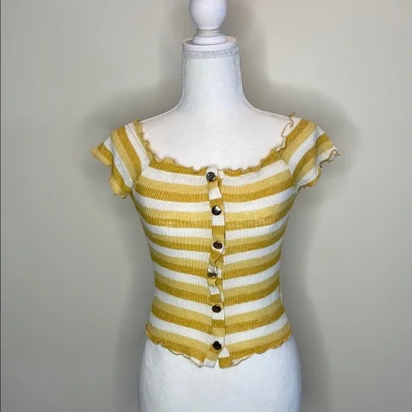 Trendy JS Brand Yellow Striped Women's Top with Ruffle Edges - Picture 1 of 8